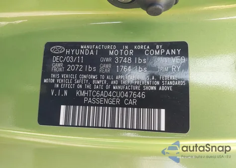 2012 Hyundai Veloster Base W/Black z USA, uszkodzony, nr VIN KMHTC6AD4CU047646